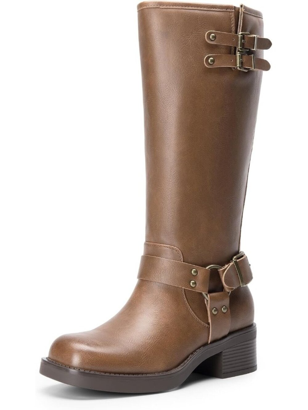 Dream Pairs Women's Tan Pu Moto Knee High Low Heel Buckle Side ZIP Boots